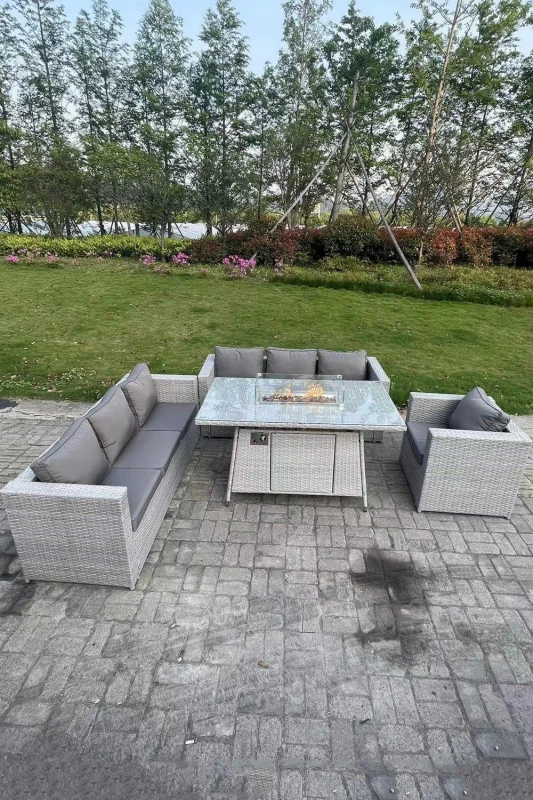 Image of Fimous Rattan Garden Furniture Set Gas Fire Pit Dining Set Heater Burner Lounge Sofa Chairs Outdoor Light Grey unisex