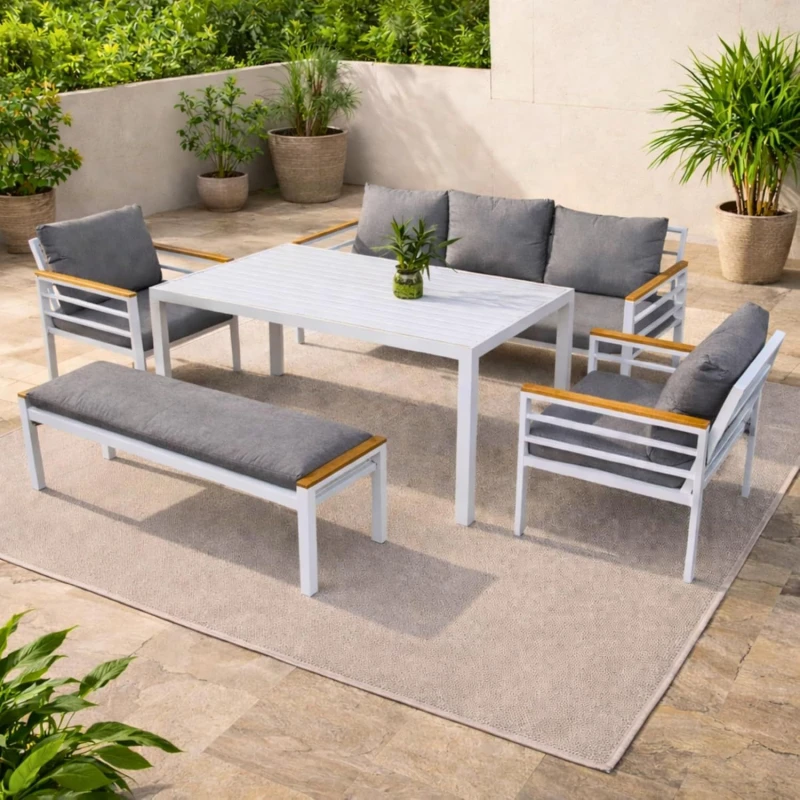 Image of Shatchi 5 Piece Aluminium Outdoor Sofa Set with Bench, Table & Cushions in Grey Grey Unisex