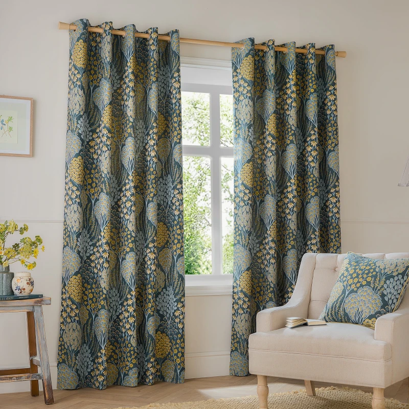 Image of Wylder Ophelia Floral Jacquard Room Darkening Eyelet Curtain Pair Blue/saffron (W)117Cmx (D)183Cm