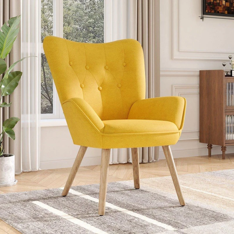 Image of Kabinet UK Tufted Button Linen Armchair with Wooden Legs Yellow unisex One size