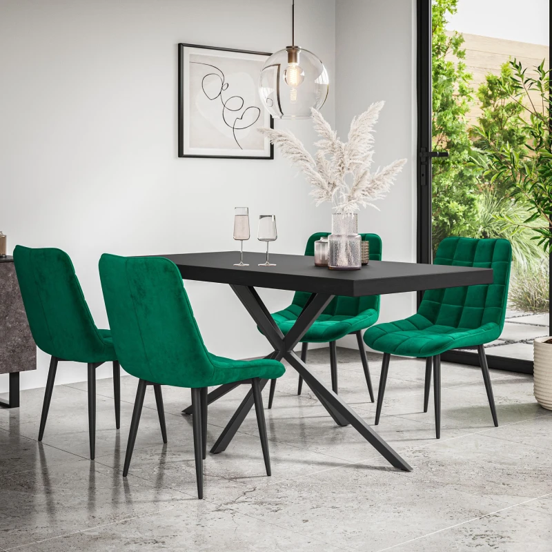 Image of More4Homes Donni Dining Table And Chairs - Black Table Top W Black Legs + Nova Velvet Dining Chair Set Of 4 (Green)