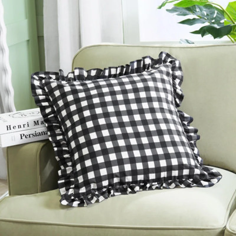 Image of OHS OHS 2 x Gingham Faux Linen Frill Cushion Covers Size: 45cm x 45cm Multi 45cm x 45cm Unisex 5027434226078