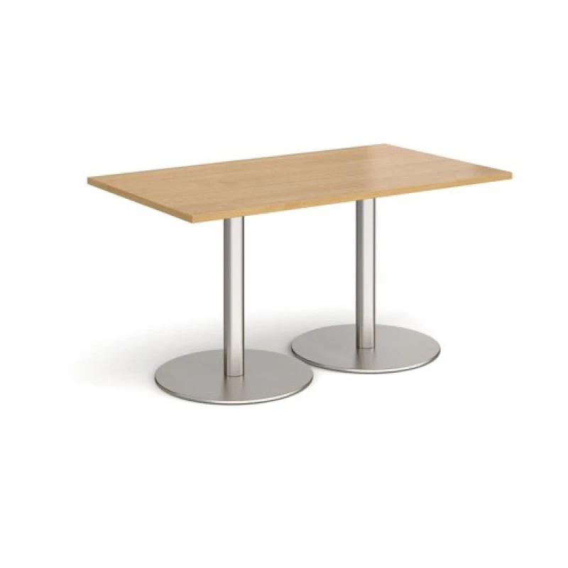 Image of Monza Rectangular Cafe and Bistro Dining Table with Flat Round Brushed Steel Base - Top 1400mm x 800mm - Oak