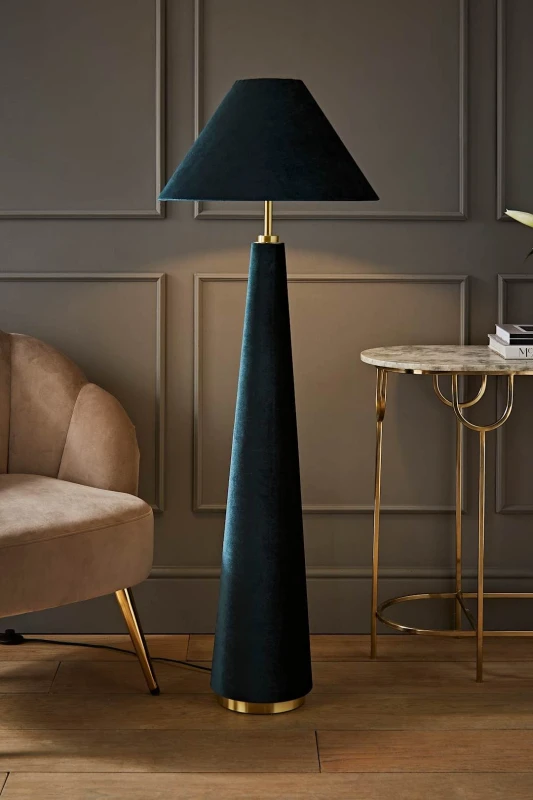 Image of ValueLights ValueLights Martha Velvet Midi Floor Lamp with Conical Velvet Lamp Shade in Dark Green Dark Green One Size Unisex 5059406067624