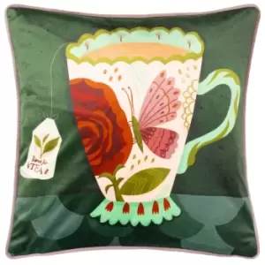 Image of Time For Tea Illustrated Cushion Green / 43 x 43cm / Polyester Filled