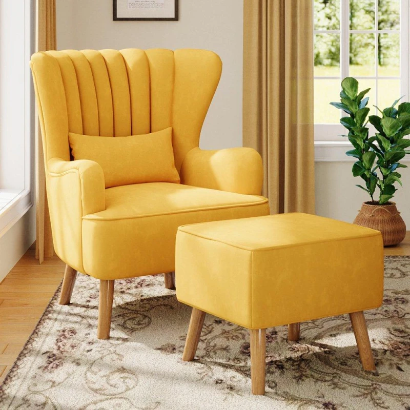 Image of Kabinet UK Faux Wool Upholstered Armchair and Footstool Yellow unisex One size