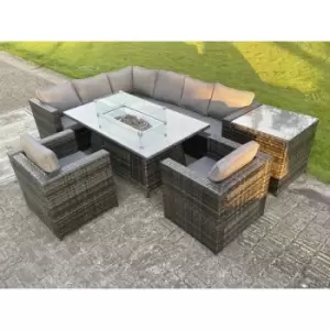 Image of Fimous 8 Seater Outdoor Dark Grey Rattan Lounge Sofa Complete Set with Gas Fire Pit Dining Table, Gas Heater and Side Coffee Table