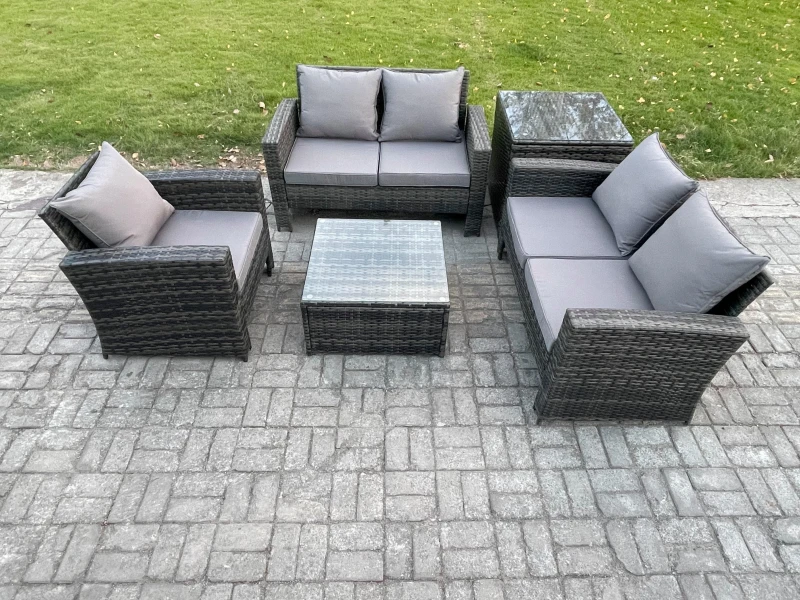 Image of Fimous Outdoor Rattan Garden Furniture Set Conservatory Patio Sofa Coffee Table Set with Chair Side Table Dark Grey Mixed Dark Grey Unisex
