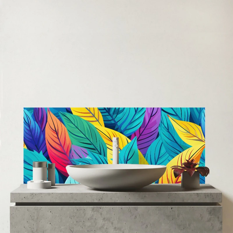 Image of Warren Reed - Designer Bright Colourful Leaves Glass Bathroom Splashback in Blue Blue Unisex