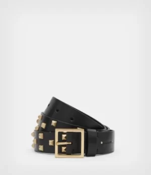 Image of AllSaints Womens Sonia Studded Leather Belt, Black/warm Brass, Size: M