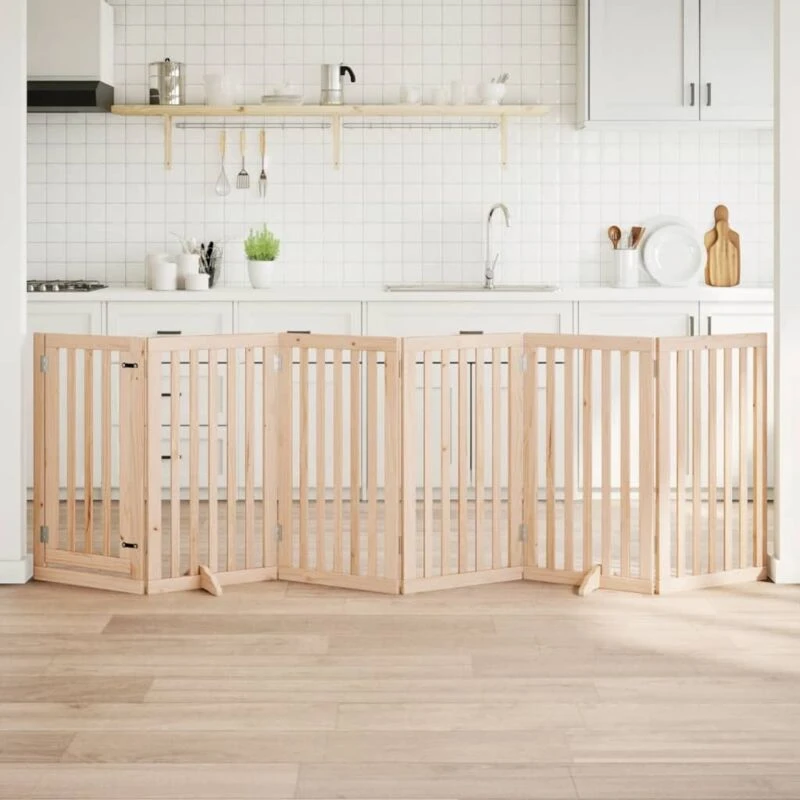 Image of vidaXL Dog Gate with Door Foldable 6 Panels 300cm Poplar Wood, Brown 352239