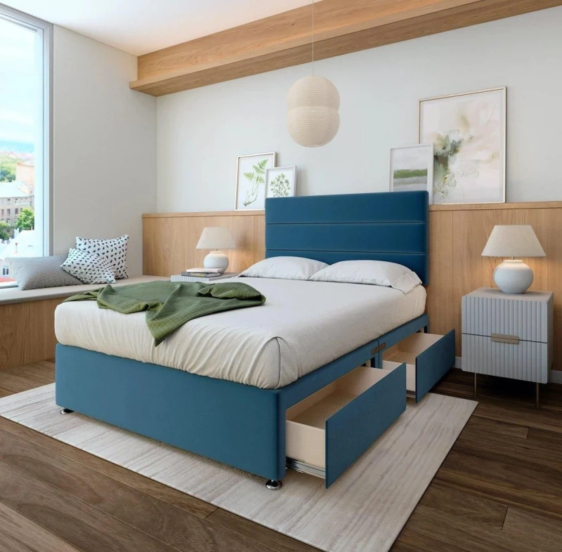 Image of Bedmaster Bedmaster Memory Maestro Memory Foam Plush Velvet 4 Drawer Divan Set And Headboard in Blue Size: Super King Blue Super King Unisex 9509382