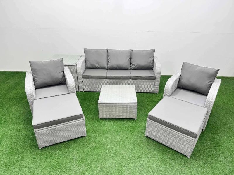 Image of Fimous PE Rattan Garden Furniture Set Reclining Chair Sofa Lounge Sofa Set Square Coffee Table Side Table 2 Big Footstool Light Grey Light Grey