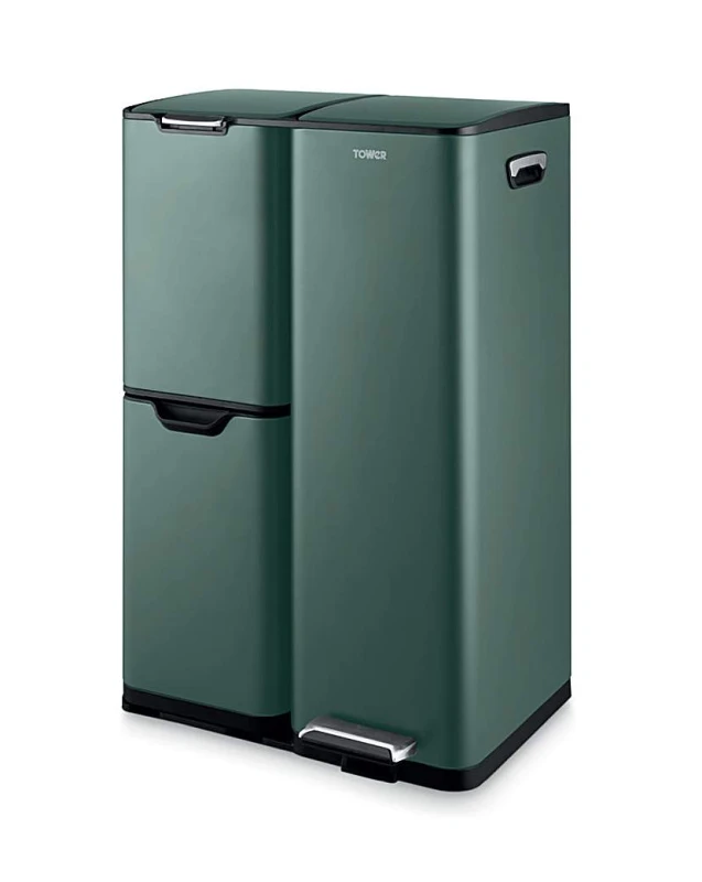 Image of Tower Tower Recycling Pedal Bin, Three Individual Compartments with Removable Inner Buckets, Carbon Steel Body, 60L, Forest Green in Dark Green Dark G