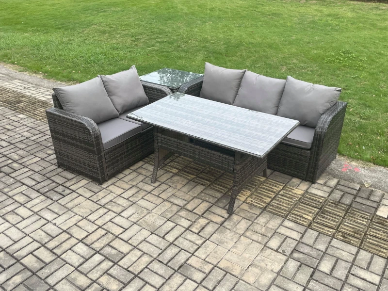 Image of Fimous Outdoor Garden Patio Furniture Wicker Rattan Oblong Rectangular Dining Table & Lounge Sofa set with Side Table Dark Grey Mixed Dark Grey Unisex