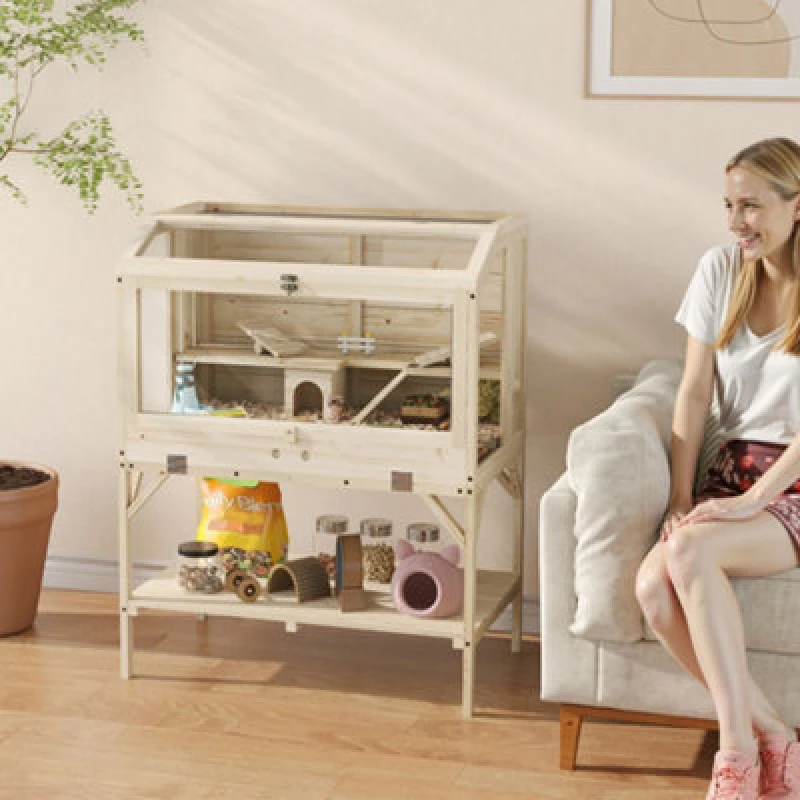 Image of Pawhut Wooden Hamster Cage, 2 Tier Hamster Habitat With Storage Shelf
