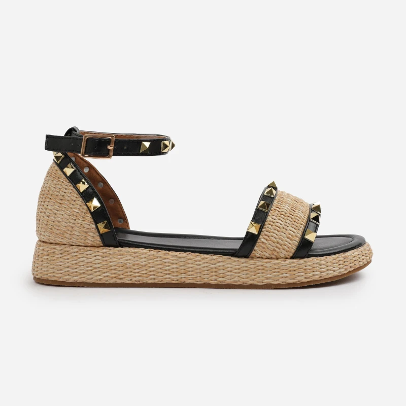 Image of Wheres That From Black PU Aviva Studded Gladiator Espadrille Flatfo Black female 6