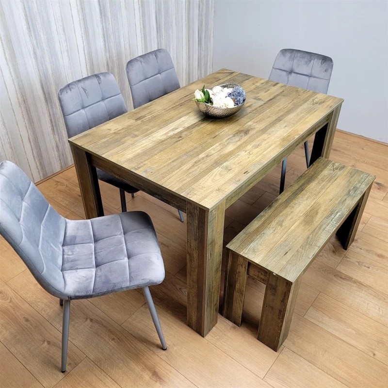 Image of KOSY KOALA KOSY KOALA Wooden Dining Table Set for 6 Rustic Effect Table With 4 Grey Velvet Chairs and 1 Bench in Brown Size: 140cm x 80cm Brown 140c