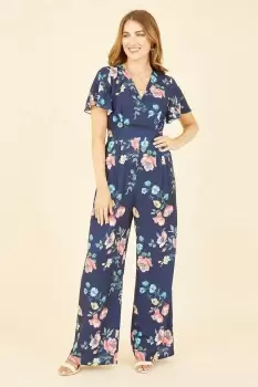 Image of Navy Floral Angel Sleeve Jumpsuit
