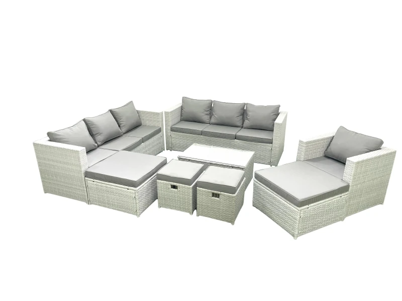 Image of Fimous Rattan Garden Furniture Set 8 Pieces Outdoor Garden Sofa Chair Coffee Table Set with 4 Footstools Light Grey Mixed Light Grey