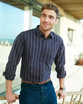 Image of Cotton Traders Mens Long Sleeve Luxury Stripe Shirt in Blue