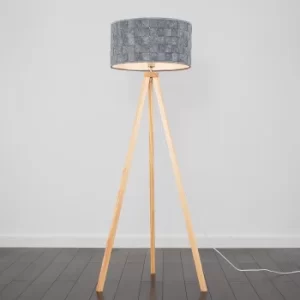 Image of Barbro Light Wood Tripod Floor Lamp with XL Grey Monza Shade