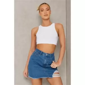 Image of I Saw It First Mid Wash Distressed Hem Denim Skirt - Blue