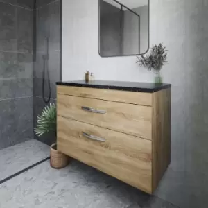 Image of Nuie - Athena Wall Hung 2-Drawer Vanity Unit with Sparkling Black Worktop 800mm Wide - Natural Oak