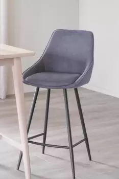 Image of Pair Of Grey Velvet Padded Bar Stools With Black Metal Legs