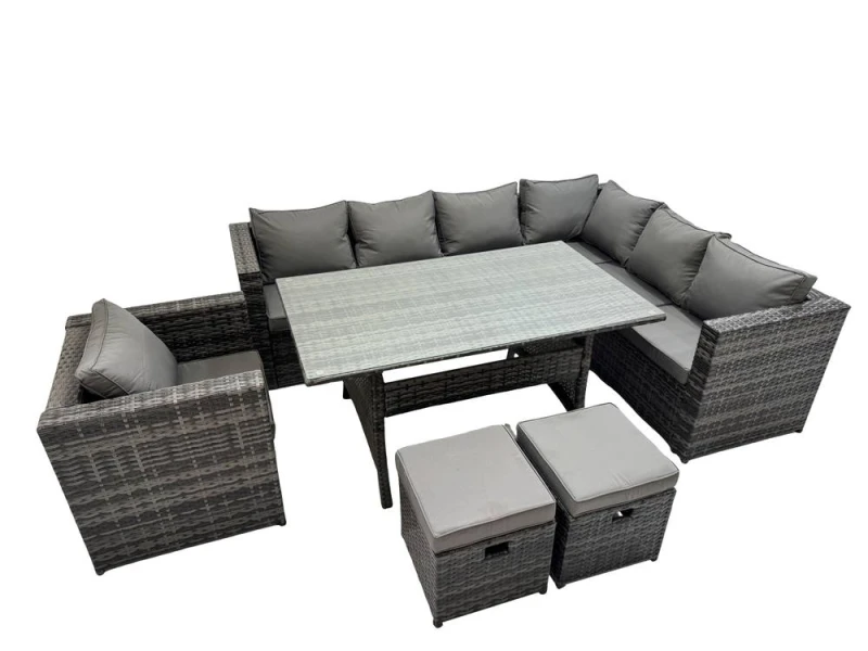Image of Fimous 10 Seater Patio Dining Corner Sofa Sets with Chair 2 Small Stools in Dark Grey Dark Grey Unisex
