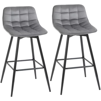 Image of Homcom - Set of 2 Bar Stools Velvet-Touch Dining Chairs Kitchen Counter Chairs Fabric Upholstered seat with Metal Legs, Backrest, Grey