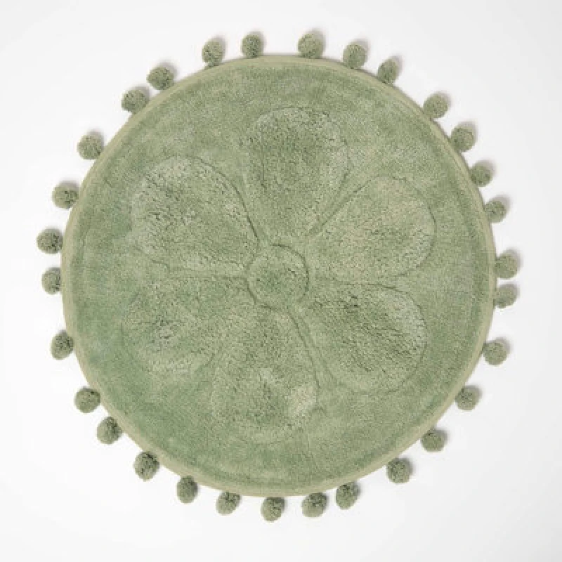 Image of Homescapes Floral Bath Mat Sage Green 100% Cotton With Pom Pom Edges