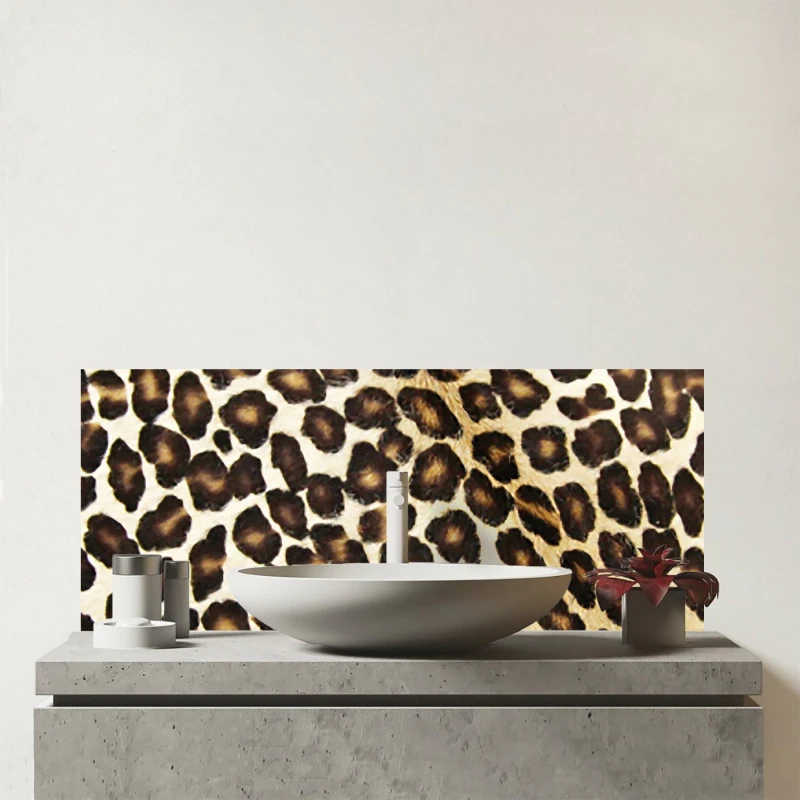 Image of Warren Reed - Designer Leopard Hide Print Glass Bathroom Splashback in Brown Brown Unisex