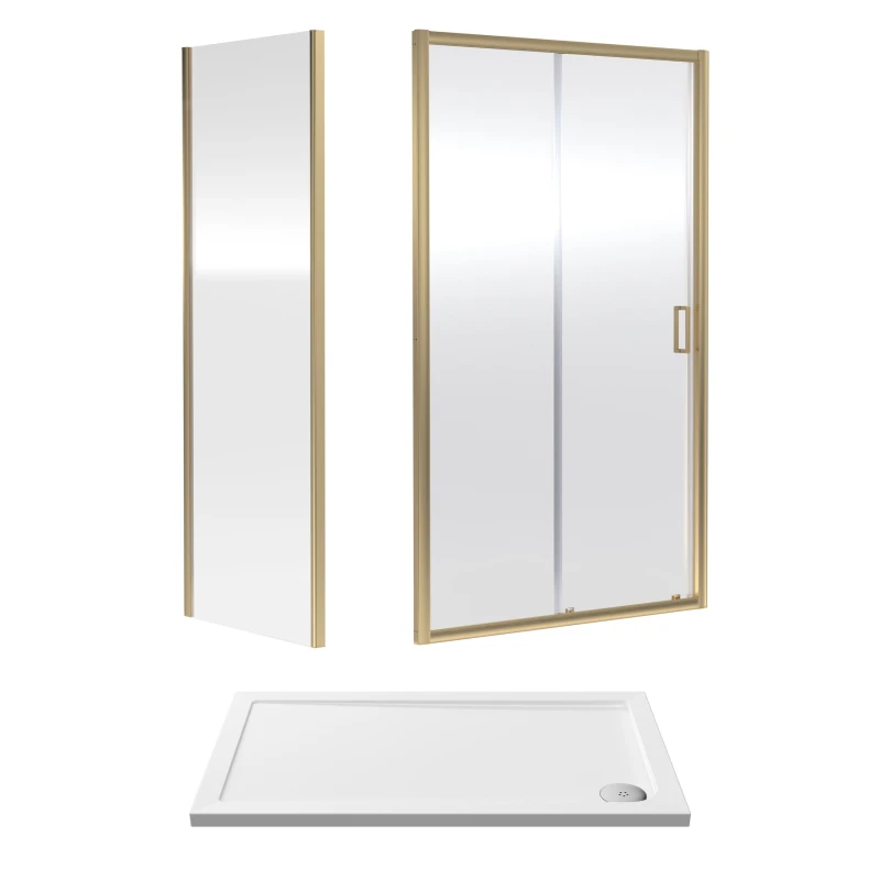 Image of Balterley Sliding Shower Door, Side Panel and Tray 1200x700x1900mm Brushed Brass White