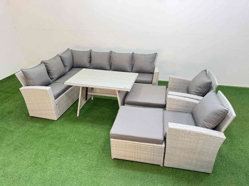Image of Fimous Garden Outdoor Rattan Furniture Set with 2 Big Footstools 10 Seater in Light Grey Light Grey Unisex