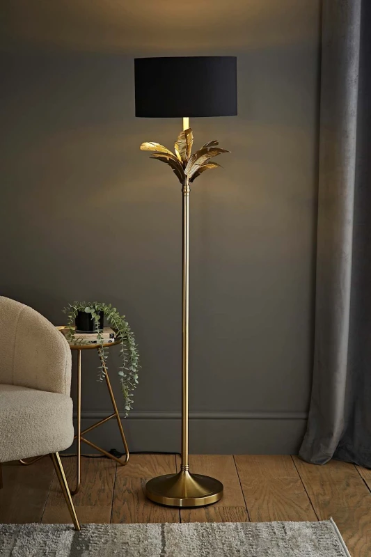 Image of ValueLights ValueLights Christina Fabric with Metallic Gold Inner Drum Shade Gold Palm Leaf Floor Lamp in Black One Size Unisex 5059406065446