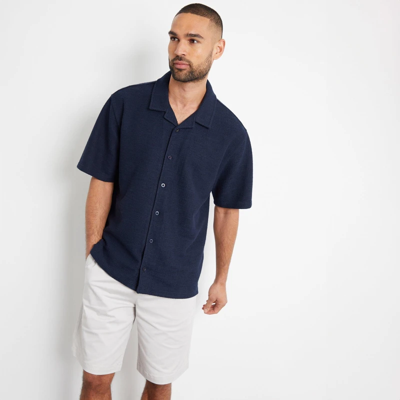 Image of Threadbare Antti Textured Revere Collar Short Sleeve Shirt Navy male L