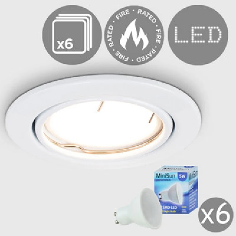 Image of ValueLights Downlight Tiltable Fire Rated Ceiling Light Fitting 6 Pack With Cool White Bulbs White