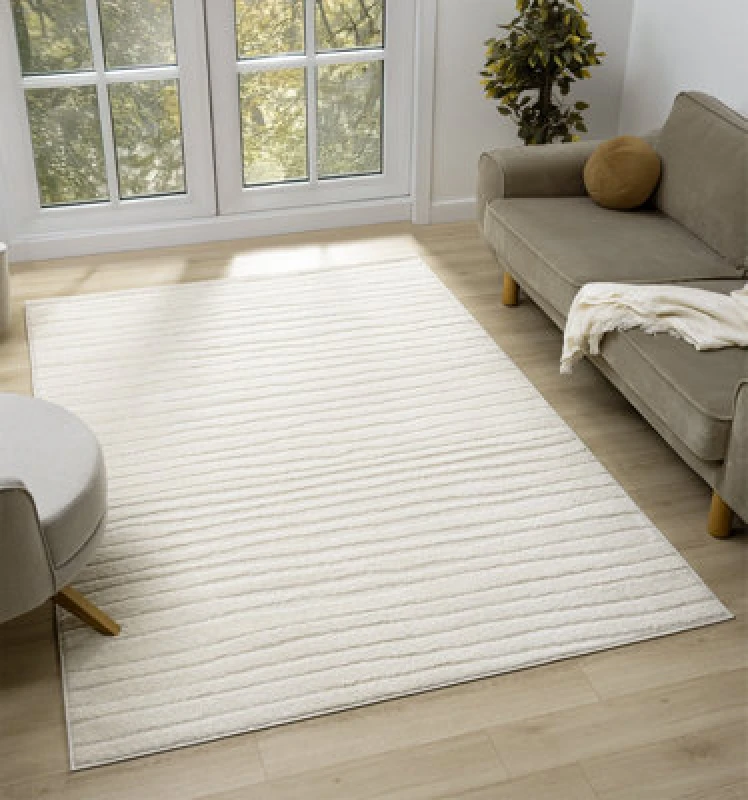Image of Aya Living Room Area Rugs - Embossed Lines Pattern Cream 80Cm X 150Cm