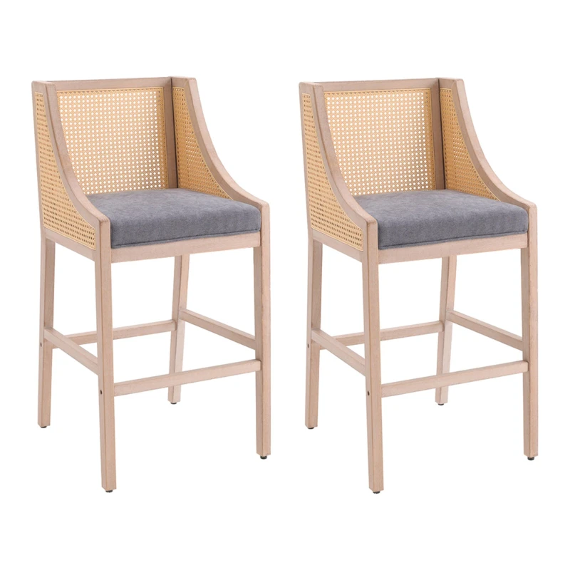 Image of Kabinet UK 2 Pcs Natural Rattan Bar Stools with Backrest Grey unisex One size