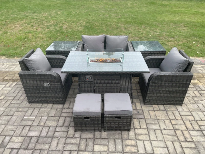 Image of Fimous Rattan Garden Furniture Set Outdoor Patio Gas Fire Pit Dining Table and Chairs with Love Seat Sofa Dark Grey