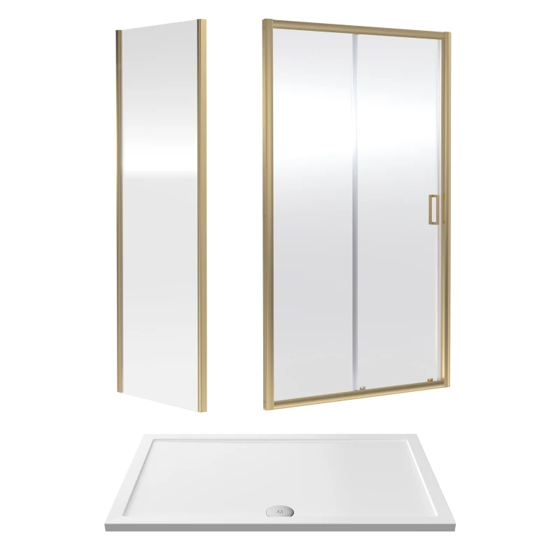 Image of Balterley Ruwa Sliding Shower Suite: 6mm Glass Tray Door Panel 1400x900mm Brass in Metallics Metallics Unisex