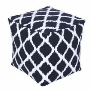 Image of Small Ikat Design Blue and Natural Colour Square Bean Filled Pouffe - Navy Blue & Natural - Homescapes