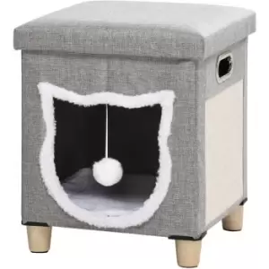 Image of PawHut 2 in 1 Cat Bed Ottoman w/ Removable Cushion, Handles, Scratching Pad - Grey