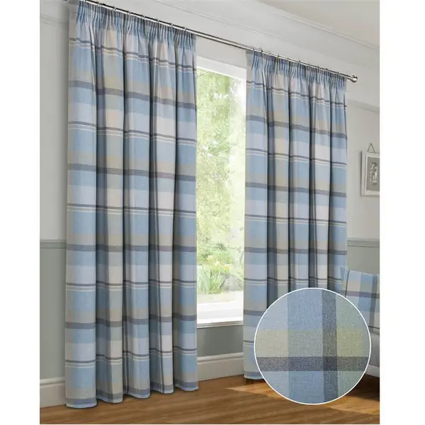 Image of Home Curtains Braemar Check Faux Wool Pencil Pleat Curtains - Blue 45x54