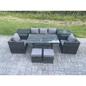 Image of Fimous 5 Seater Outdoor Dark Grey Rattan Lounge Complete Sofa Set with 2 Side Tables, and 2 Stools