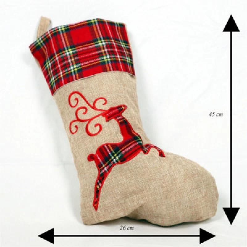 Image of Shatchi Large Xmas Stocking Printed Pattern Burlap Hessian Linen Sack Sock Hanging Bags Home Decorations-Reindeer
