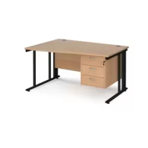Image of Office Desk Left Hand Wave Desk 1400mm With Pedestal Beech Top With Black Frame Maestro 25 MCM14WLP3KB