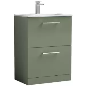 Image of Arno Satin Green 600mm 2 Drawer Vanity Unit with 18mm Profile Basin - ARN833B - Satin Green - Nuie