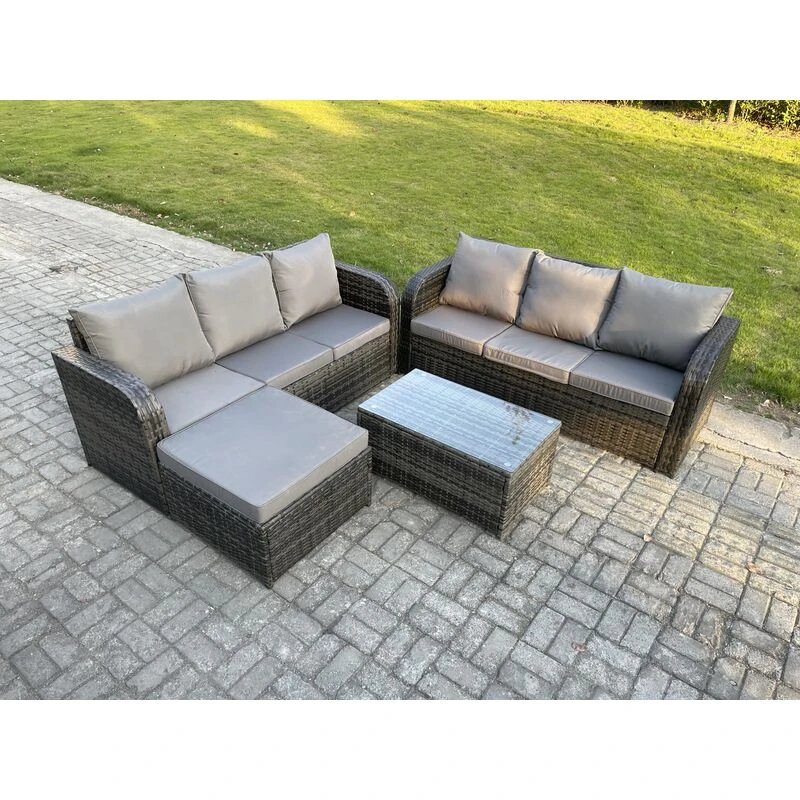 Image of Fimous Outdoor Garden Furniture Sets 7 Seater Wicker Rattan Furniture Sofa Sets with Rectangular Coffee Table 3 Seater Sofa Dark Grey